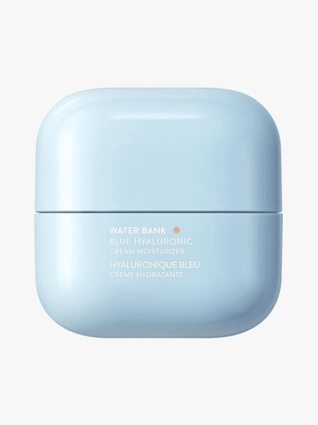 Laneige Water Bank Blue Hyaluronic Cream Moisturizer in sky blue packaging on a light gray background