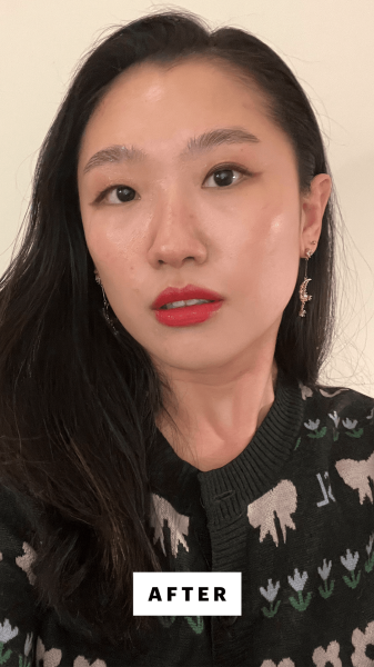 Han after applying Peripera's Ink Velvet Lip Tint in Heart Fuschia Pin