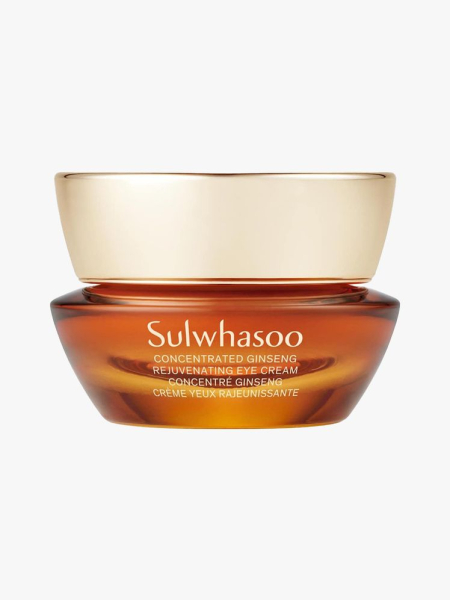 Sulwhasoo Concentrated Ginseng Renewing Eye Cream orange jar with gold lid on light gray background